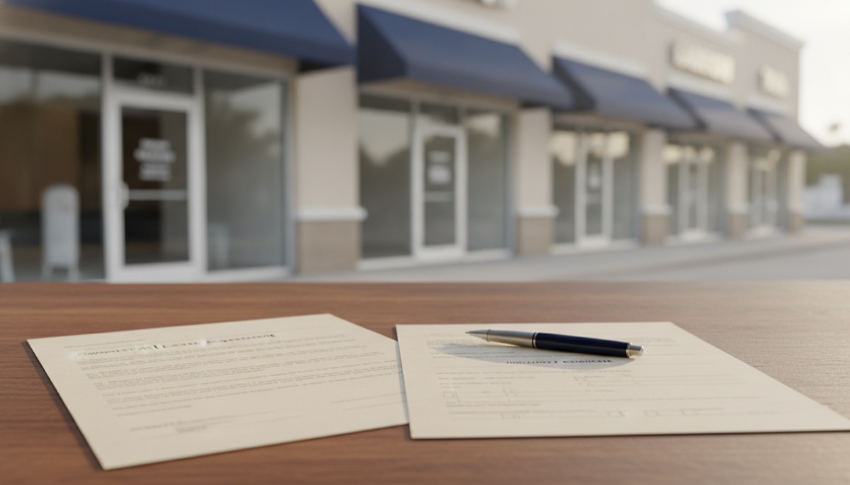 A Florida retail plaza storefront with a lease document and insurance certificate on a desk in the foreground