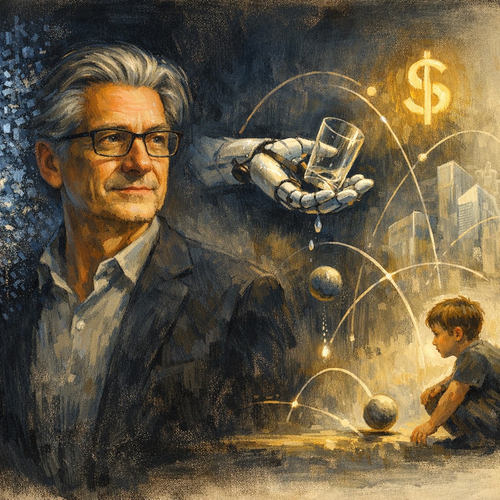 Editorial illustration of an AI scientist turning toward an emerging three-dimensional world model